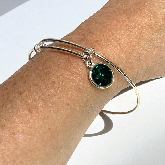Alex & Ani May Birthstone Charm Bangle Green Emerald Silver Finish Expandable - Picture 4 of 4